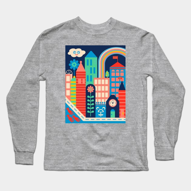 CITY KIDS Cityscape Cute Kawaii Cloud Buildings Rainbow Flower and Hidden Bear Face - UnBlink Studio by Jackie Tahara Long Sleeve T-Shirt by UnBlink Studio by Jackie Tahara